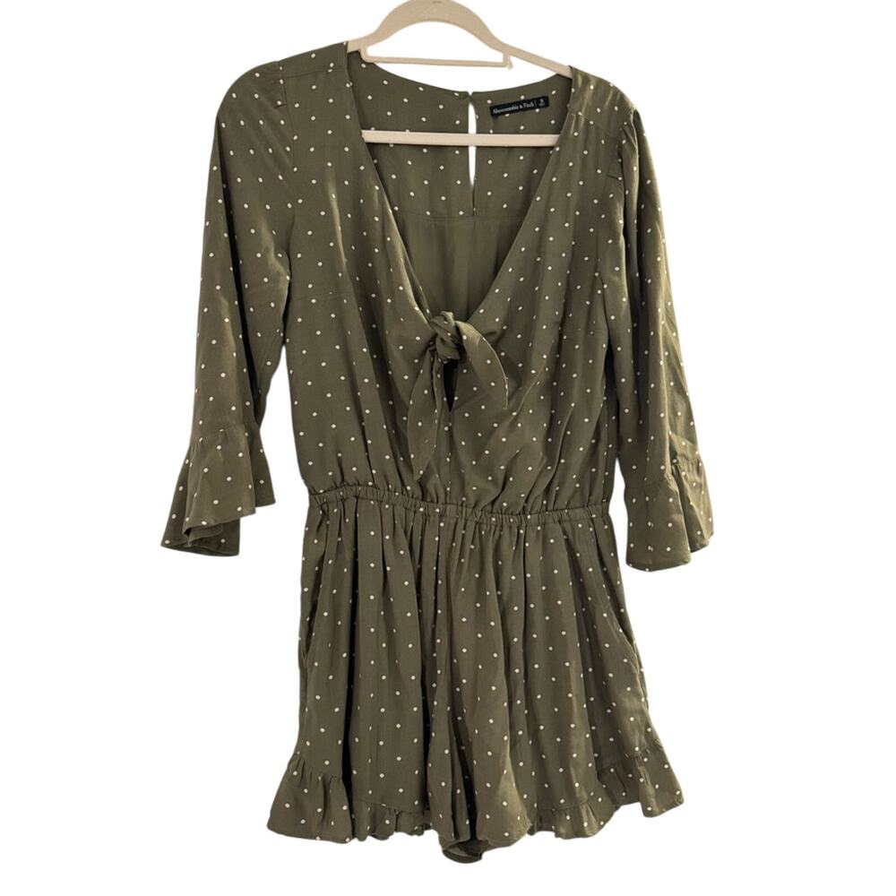 Abercrombie & Fitch Green Polkadot V-Neck Tie Womens Romper Dress S Small Preppy